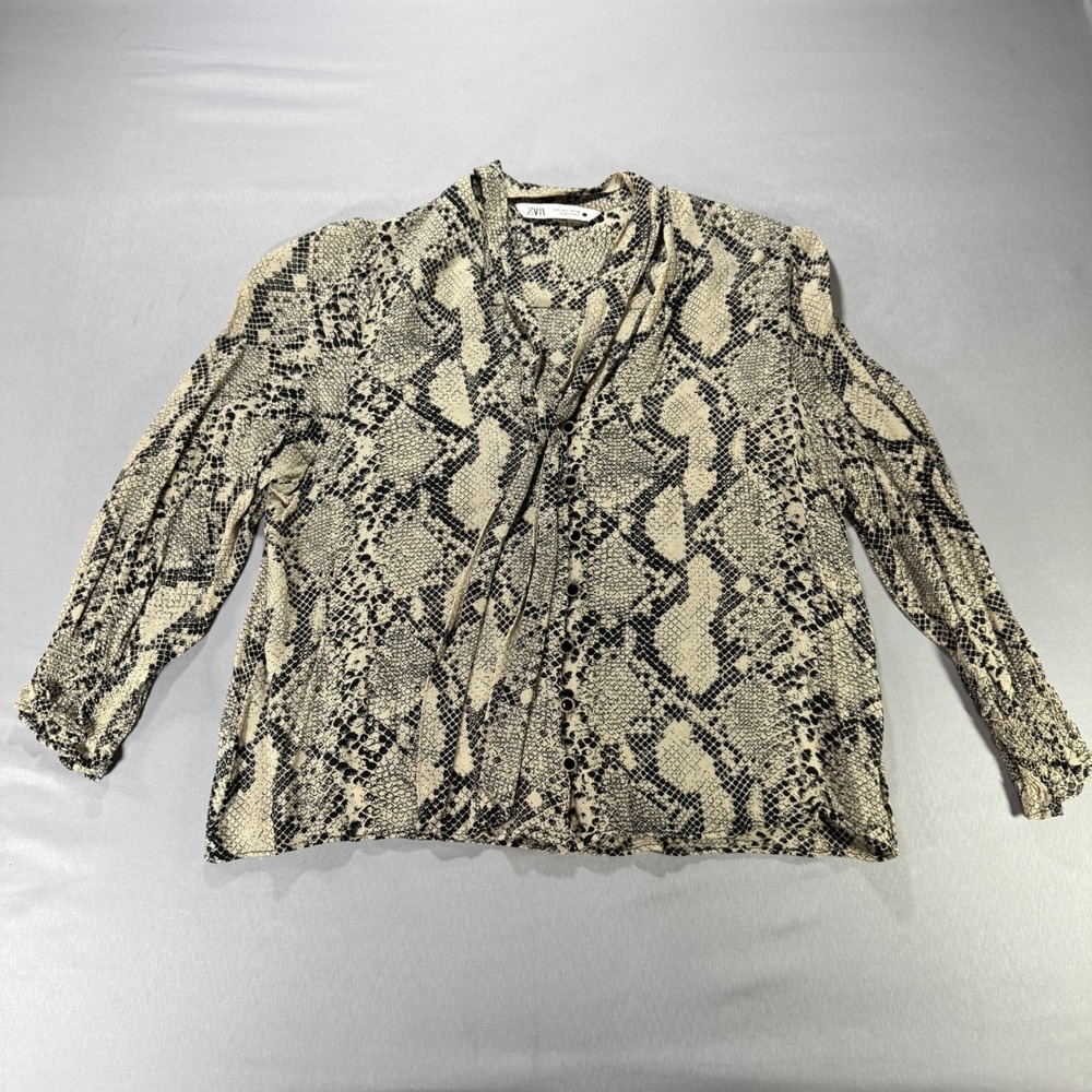ZARA Womens Snakeskin Print Tie Neck Blouse Large Beige Black Animal Button Up
